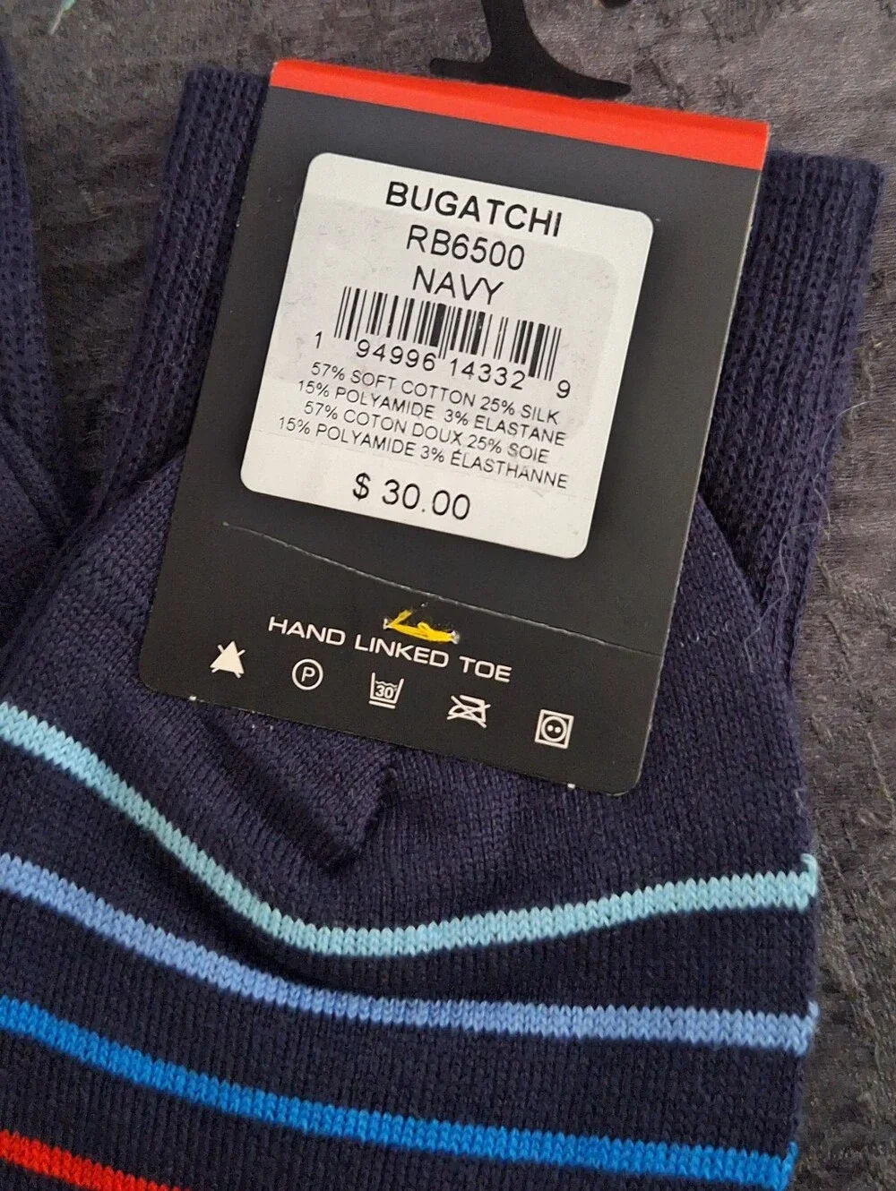 Bugatchi Navy Striped Silk-Blend Dress Socks with Blue and Red Accents